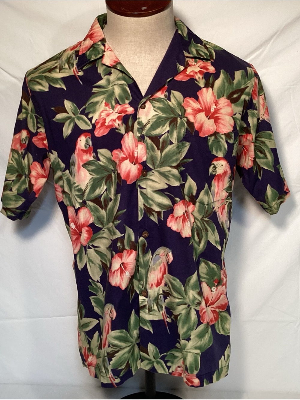 KulaBay From Honolulu Floral Parrot Hawaiian Shirt - Navy with Coral Flowers